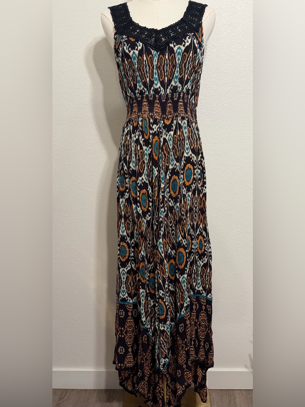 Bila Teal, Brown & Black Sleeveless Ikat Maxi Dress